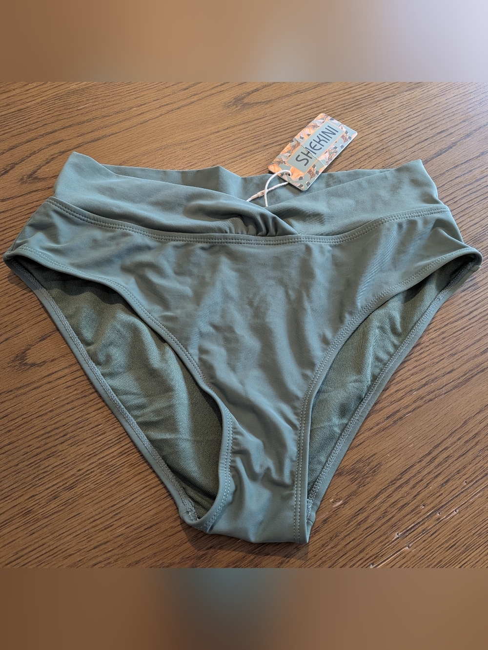 Shekini Women's High-Waist Bikini Bottoms in Olive Green, Sz. Medium